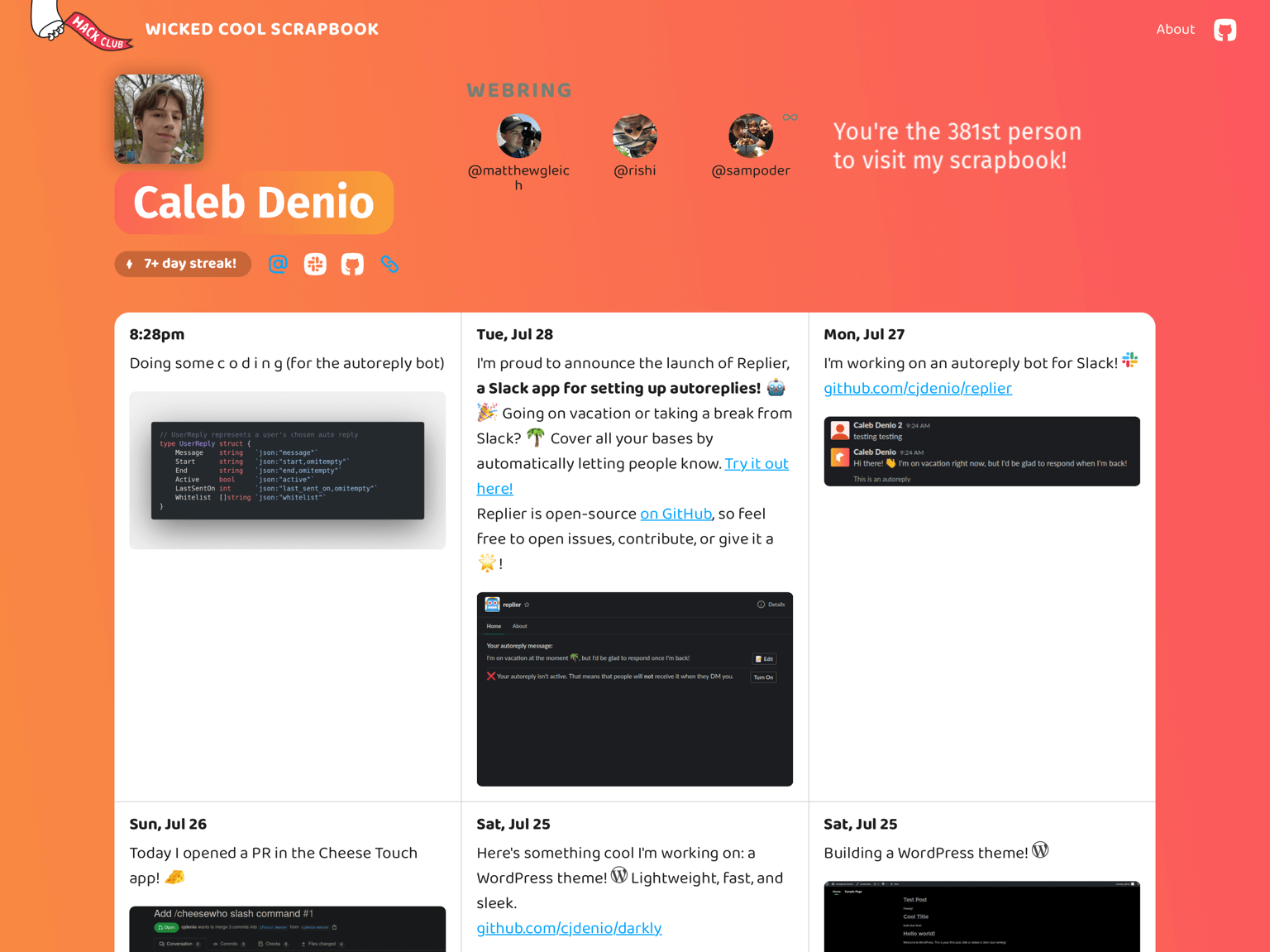 Screenshot of Caleb Denio’s profile